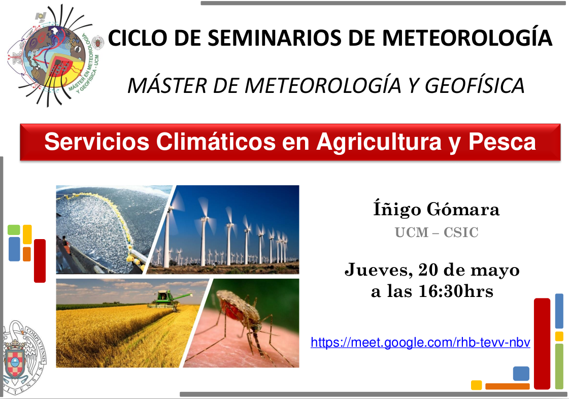 Jueves 20 de Mayo: Seminario sobre  Servicios Climáticos en Agricultura y Pesca. 16:30